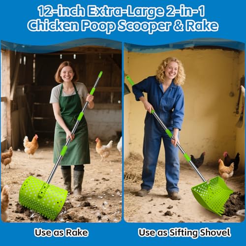12" 2-in-1 Chicken Poop Scooper & Rake (US Patent No. D1124534), 3-Shape Sifting Holes Chicken Coop Rake, Stainless Steel Handle (20–61") - Litter Scoop Sand & Sifting Shovel (Green) - color: Green