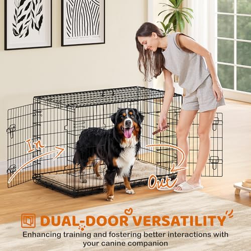 Yaheetech 48in Double Door Metal Dog Crate w/Divider for Puppy Indoor Use | Heavy-duty Sturdy Metal Frame, Easy Assemble, Fold Up for Travel, Removable Tray, Ideal for Puppies, Medium to Large Dogs - size: 48" L