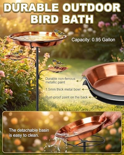 2026 New Bird Bath for Outside, 12 Inch Copper Disc for Bird Baths for Outdoors, Upgraded Vintage Freestanding Birdbath Feeder Bowl for Garden Yard Lawn Decor, 5-Pronged Base & 3 Bowls