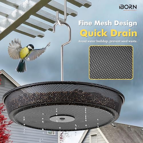 iBorn Hanging Bird Feeder Tray, Metal Mesh Bird Feeder Bowl with Thick Metal Hanger, Sturdy & Durable Bird Feeders for Outdoors, Easy to Refill & Clean, Pack of 1, Black - size: Bird Feeder Tray Only,Pack of 1