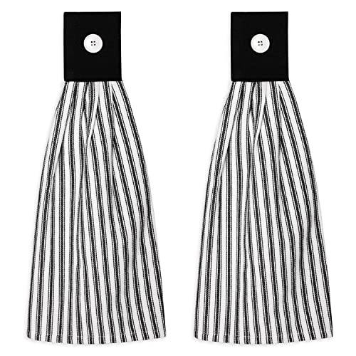Black and White Ticking Stripe Hanging Kitchen Dish Hand Towel Cotton with Button Accent, Set of 2 - color: Black
