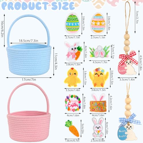 AUGSUN Easter Baskets, Easter Bucket with 10 Bunny Embroidery Patches, 2 Pink Blue Fabric Baskets, 2 Name Tags, Bunny Storage Basket for Kids, Easter Egg Hunt Easter Gifts Party Decor 7.5 * 4 Inches