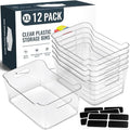 12 PACK Multi-Use Clear Plastic Storage Bins for Organizing w/ Labels - Home, Kitchen, Pantry, Bathroom, Office, Cabinet Shelf Organizer Bins - SOHO Collection, RV, Fridge Organization Containers -XL - size: XL Large