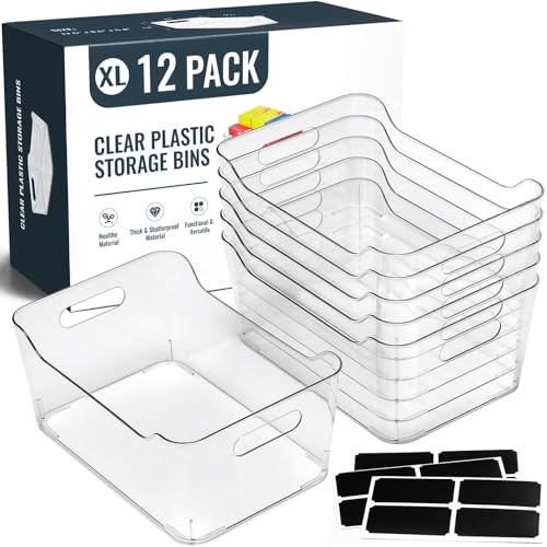 12 PACK Multi-Use Clear Plastic Storage Bins for Organizing w/ Labels - Home, Kitchen, Pantry, Bathroom, Office, Cabinet Shelf Organizer Bins - SOHO Collection, RV, Fridge Organization Containers -XL - size: XL Large