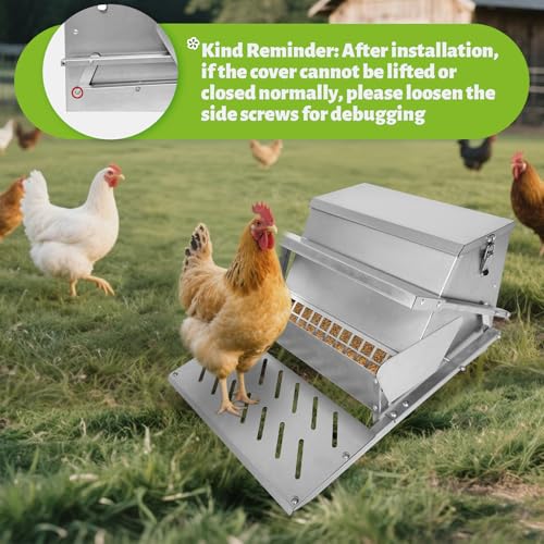 Automatic Metal Treadle Feeder 26lbs Capacity No Waste Automatic Chicken Feeder Galvanized Steel Large Metal Poultry Feeder Outdoor Coop Food Dispenser with Rain Cover