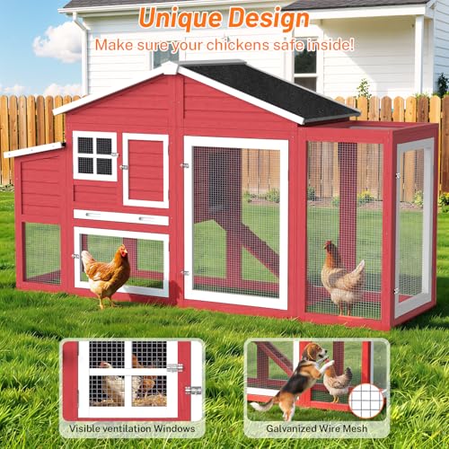 84.7''L Chicken Coop, Large Poultry Cage for 4-6 Chickens, Outdoor Hen House Design with Nesting Box, Weatherproof Roof and Leakproof Pull-on Tray, Easy to Install＆Clean(Red) - color: Red