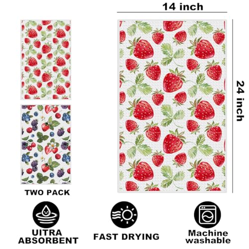 2 Pcs Strawberry Kitchen Towels, Summer Fruits Seamless Pattern Hand Towels | Strawberry Gifts for Women Mom Grandma, Absorbent Microfiber Dish Cloth Tea Towel for Kitchen Home Decor 24x14 Inch - color: Multi 1382
