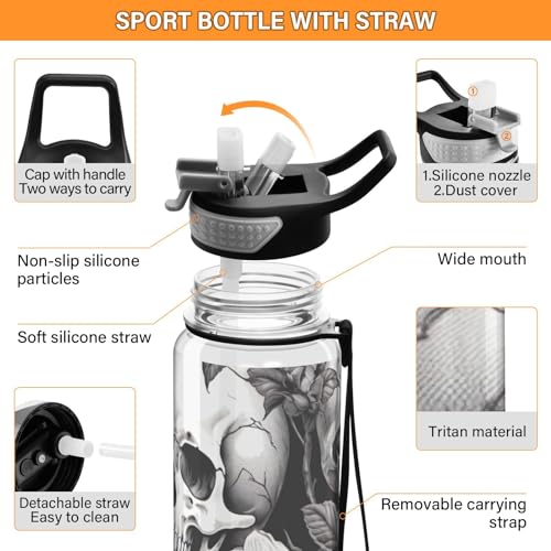 White Skull 32 oz Water Bottle - Clear Tritan, BPA-Free, LeakProof with Carry Strap for Sports, Gym & Outdoor Activities - color: C109