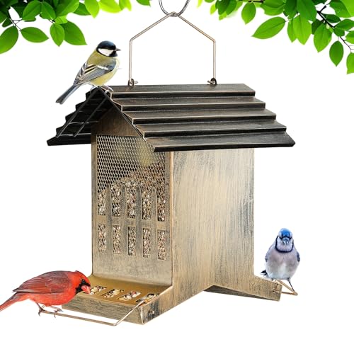 Large Metal Bird Feeder House Outdoor Hanging 2-Side Feeding 6 Lbs Capacity | Heavy Duty, Waste Proof, Waterproof, Weatherproof, Chew-Proof, House Shape, Easy to Refill and Clean, No Frequently Refill - size: M- 6 lbs capacity