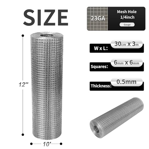 Hardware Cloth 12'' x 10' 1/4 in Galvanized Wire Mesh Roll (23 GA) Chicken Wire Fence Roll for Chicken Pen/coop Fences, Screen mesh, Rabbit/Snake Fences, Poultry enclosures, Handicraft Ma - size: 12In x 10Ft