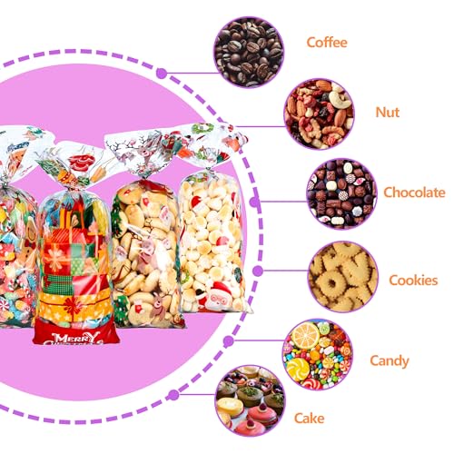 CUUSNNY 100 PCS Christmas Cellophane Treat Bags,9 Styles Clear Xmas Candy Goodie Bags with Twist Ties for Holiday Party Favors,Santa Claus Snowman Snowflake Gift Bags - color: Christmas