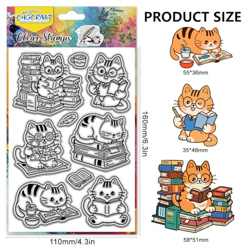 CHGCRAFT Books and Cats Clear Stamps Study Transparent Stamps Newspapers Silicone Clear Stamp Seals for DIY Scrapbooking Photo Album Decoration, 4.3×6.3 inch - style: Books and Cats