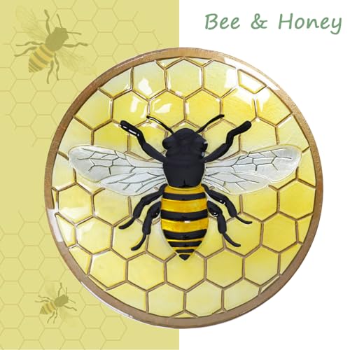 Glass Bird Bath with Metal Stand, Outdoor Feeder Garden Decor, Bee | Glass Large Bird Baths Bowl with Metal Stand for Outdoors, Bee Patterns Bird Feeder for Outside Garden, Patio Decor - color: bee