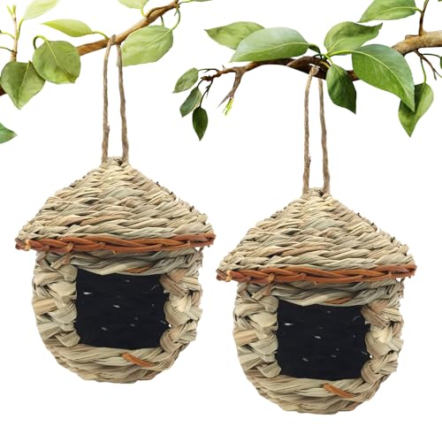 GUTE Hummingbird Houses 2Pcs Hand Woven Grass Hanging Bird Nest | Natural Grass,Hand-Knitted,Sturdy Shelter,Ventilated Cozy Design,Blends in Trees,Easy to Hang,Garden,Window. - color: Mushroom Shape, size: 2Pack