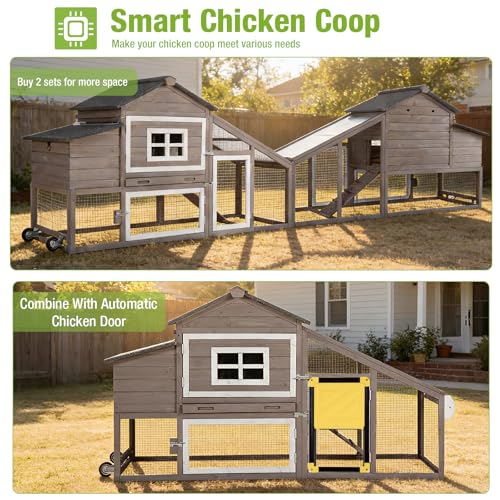 GUTINNEEN Chicken Coop with Wheels, Expandable Hen House Poultry Cage with Run, UV-Protected Roof, Divided Nesting Boxes, Easy One-Person Move, Ideal for 2 Adult Chickens or 4 Bantams, 72.3" L, Brown - color: Brown, size: 72.3"L x 26"W x 39.8"H