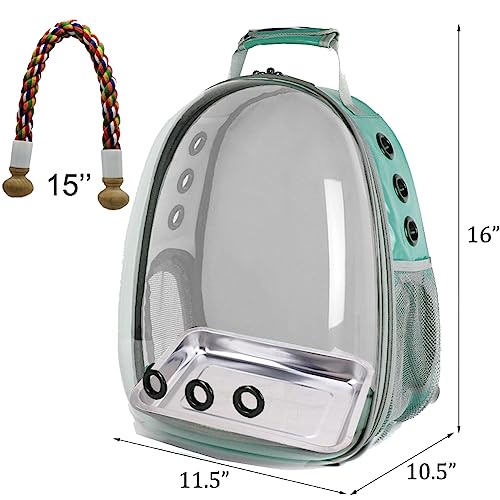 Bird Traval Carrier Cage, Clear Space Capsule Astronaut Backpack to Carry Parakeet Cockatiel Parrot with Metal Tray Bird Feeder Wood Perch, Vet Transport School Bag - color: Green