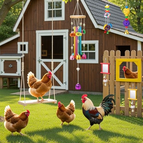 Soulchen 6 Pieces Chicken Toys for Coop Chicken Wind Chime Enrichment Toys Kits Chick Mirror with Bells Swing Hanging Chick Rattan Ball Loofah Bell for Coop Hens Chicks Poultry Birds Parrots - style: Chick Rattan Ball Loofah Bell