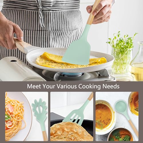 Cooking Utensils Set - 19 Piece Set with 11 Spatulas, 6 Sharp Knives, Silicone Utensils & Cutting Board (Green) - color: Light Green 19 PCS Set