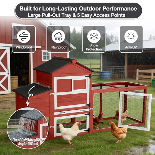 Large Chicken Coop with Run for 4-6 Chickens, Mobile Chicken Coop with Wheels & Handle, Outdoor Wooden Hen House with Nesting Box, Removable Tray, Waterproof Roof, Easy Clean Poultry Cage-Red
