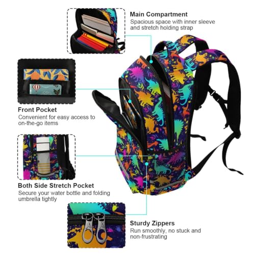 Kids Funny Neon Dinosaurs Backpack for Boys Girls School Bags | Elementary Middle, Travel Daypack Lightweight Waterproof with Reflective Strip - color: Funny Neon Dinosaurs