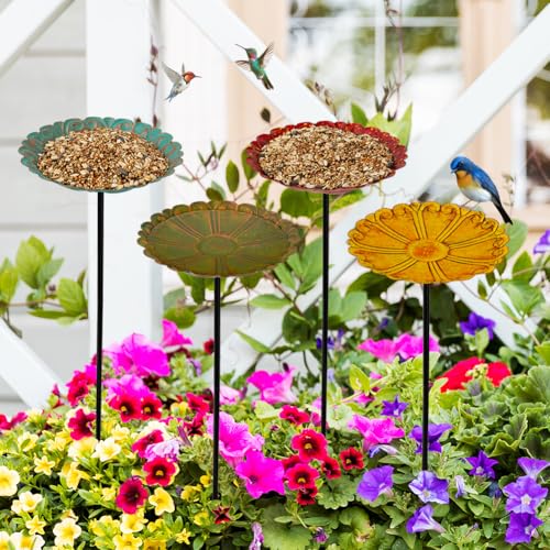 DREAMSOUL Flower Bird Bath Stake, Small Bird Bath for Outside, 4 Pack | Delicate Flower Appearance, Solid Metal Birdbath Set, Compact Size, Lovely Present for Bird Lovers for All Garden Decor - size: 4PCS