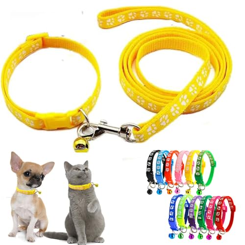 Yellow Puppy Collar and Lead Sets, XSmall Dog Collar and Lead Set Pawprint Adjustable Kitten Collar with Bell for Tiny Little XXS XS Extra Small Breed Pets Dogs Cats Girls Boys - color: Yellow