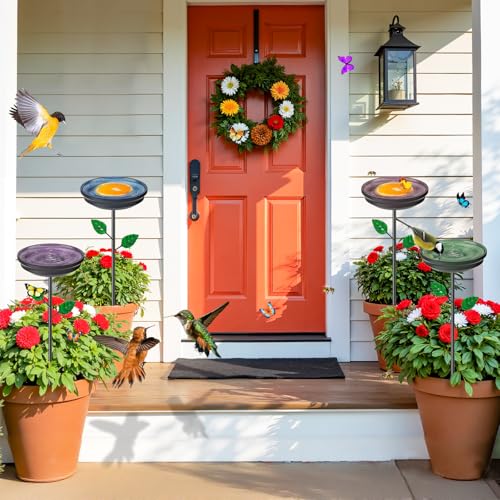 4PCS Hummingbird Bird Bath for Outside, Freestanding Metal Flower BirdBaths Bowl with Stake, Detachable Birdfeeder for Outdoor Yard Lawn Garden Decor (4PCS-Blue-Green-Brown-Purple) - style: 4PCS-Blue-Green-Brown-Purple