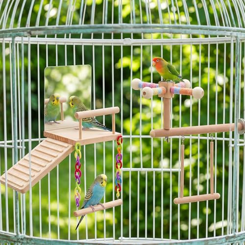 2 Pcs Bird Parakeet Toys, Bird Perch Platform Swing Mirror Ladder with 360° Spin Function, Hanging Parakeet Swing Birds Cage Accessories Toys for Cockatiel Lovebird Parrot