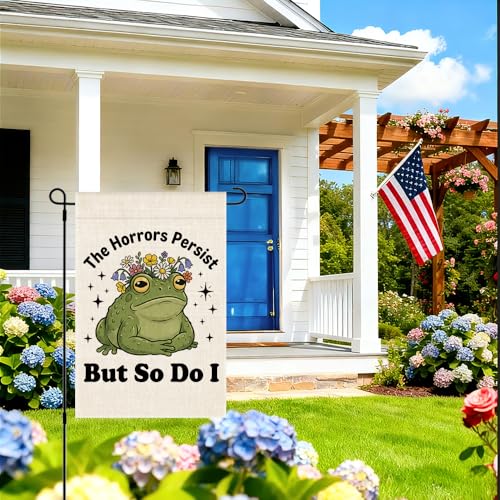 RZHV The Horrors Persist But So Do I Double-Sided Garden Flag for Outdoor House Yard Sign Garden Decor Parade, Funny Frog Motivational House Patio Lawn Outdoor Decor Banner, Social justice Yard Sign - color: Horrors E