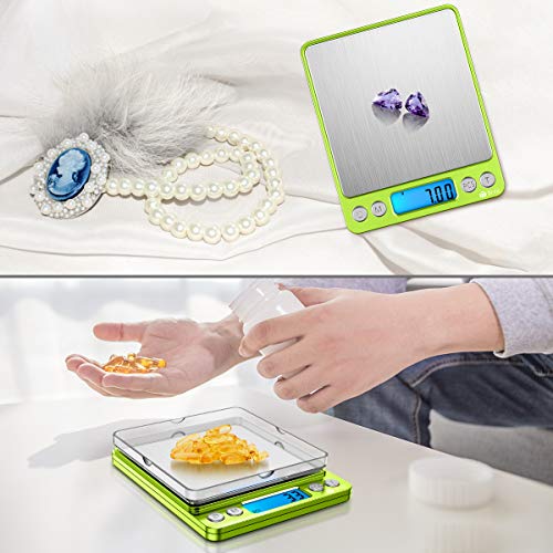 AMIR Digital Kitchen Scale, 500g-0.01g Mini Pocket Jewelry Scale, Cooking Food Scale with Backlit LCD Display, 2 Trays, 6 Units, Auto Off, Tare, Stainless Steel (Battery Included) - color: Green