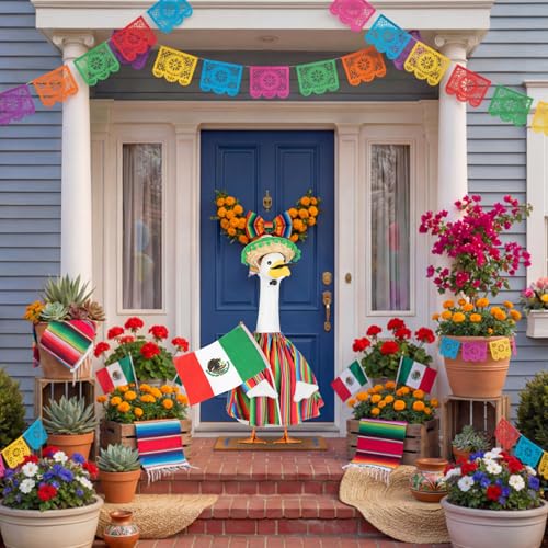 Abbylike Cinco De Mayo Porch Goose Outfit 4 Pcs Mexican Fiesta Yard Goose Costume for 23 Inch Cement Porch Geese, with Sombrero Beard Flag for Outdoor Garden Patio Statue Decor - style: Mexican Fiesta Beard