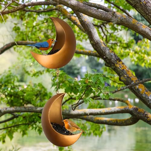 Double Hanging Moon Bird Feeder – Unique Metal Bird Feeders for Outdoors, Antique Gold, Rust-Resistant, Drain Holes – Wild Bird Feeder for Bluebirds, Cardinals, Finches, and Backyard Birdwatching