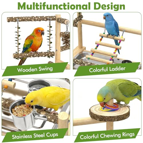 Bird Playground, Parrot Playstand Cockatiel Playground, Bird Play Stand with Feeder Cups, Swings, Ladder and Removable Tray, Parrot Perch Stand for Parakeet Conure Lovebird Budgie - size: 2 layer T2