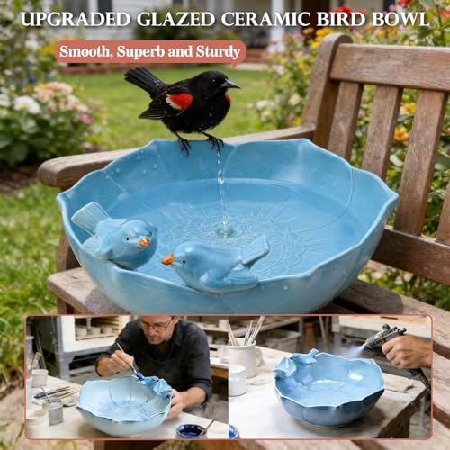 Glazed Ceramic Bird Bath Bowl Outdoor, 10.1" Dia, UV/Frost-Resistant | Ground Birdbath and Feeders for Outside, Table Top Bird Baths, Garden Patio Yard Decor, Easy to Maintain, with Texture, Blue - color: Blue