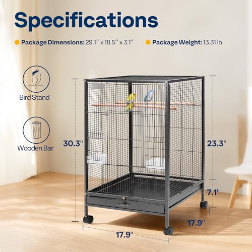 VIVOHOME Wrought Iron Bird Cage with Rolling Stand, 30 Inch Height | Standing Bird Flight Cage with Casters, Slide-out Tray for Parakeets Cockatiels Lovebirds Canaries Finches Conures, Black - color: Black