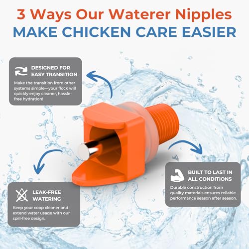 Lil'Clucker Horizontal Chicken Waterer Nipples, Pack of 15 Chicken Nipple Waterer with Drill Bits, Easy Install Automatic Chicken Waterer System, No Leak Chicken Water Feeder, Poultry Waterer - Orange - color: Orange
