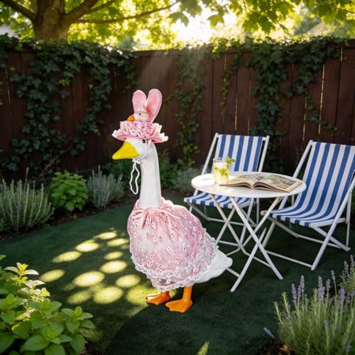 Summer Porch Goose Outfits – 23” Pink Dress Goose Statue Porch Goose Outfit | Cute Costume for Outdoor Garden Lawn Yard Decor - color: Pink Dress