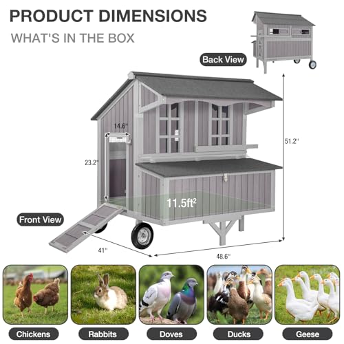 GUTINNEEN Chicken Coop with Large Wheels for 3-6 Chickens, Mobile Wooden Hen House with 3 Nesting Boxes, Removable Tray, Durable Outdoor Duck Coop Rabbit Hutch - size: 48.6"L x 41.0"W x 51.2"H