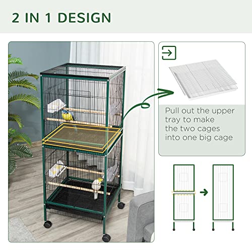 PawHut Large Bird Cage 1.7 ft. Width for Wingspan 55", Green | Bird Aviary Indoor, Multi-Door Design, Fit for a Canary, Finch, Conure - color: Green