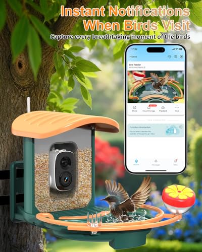 Bird Feeder with Camera, 2K HD Camera Birds Feeder with AI Bird Recognition, Solar Powered Smart Birdfeeder with Bath, App Control, Color Night Vision, Gift Box Package, Easy Install - color: Dark Green, size: Bath