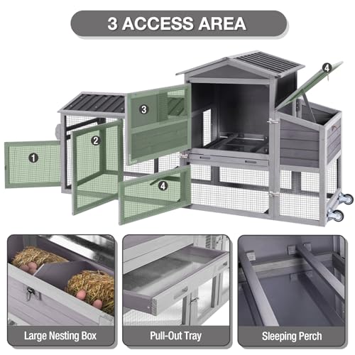 Large Chicken Coop with Run for 4–6 Chickens, Mobile Chicken Coop with Wheels, Wooden Hen House with 2 Nesting Boxes, Pull-Out Tray, Waterproof Roof, Outdoor Poultry Cage for Backyard