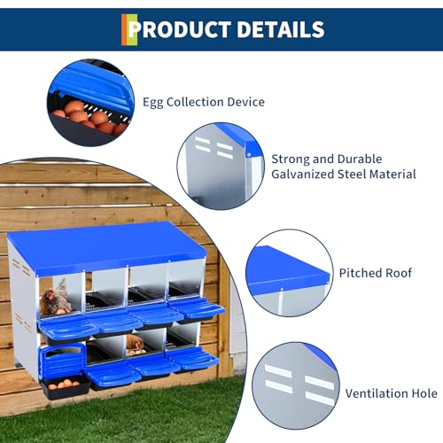 2-Tier Chicken Nesting Box, 8 Compartment Metal Nesting Box for Chickens with Waterproof Roof, Non-Slip Stable Base, Heavy Duty Chicken Laying Boxes for Hens, Poultry - color: Blue, size: 8 holes