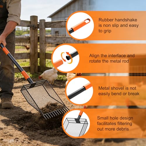 2-in-1 Chicken Poop Scooper & Rake, Heavy Duty Metal Long Handle Poultry Coop Cleaning Tool, Rustproof Manure Shovel with Serrated Edge for Backyard Chicken Ducks