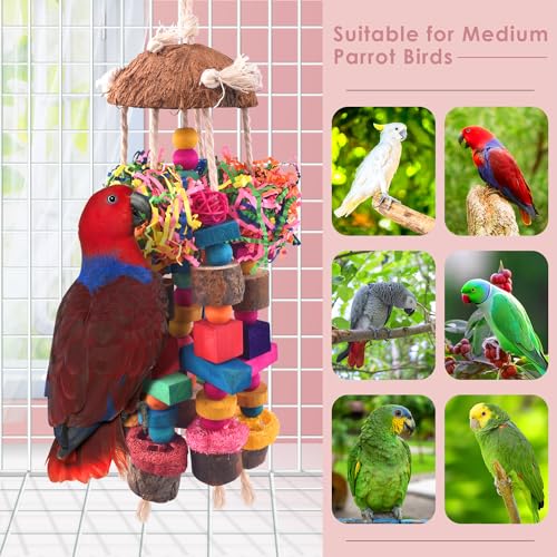 KATUMO Parrot Toys, Large Bird Chew Toys Medium Parrot Cage Accessory Colorful Wood Block Toys for Medium to Large Birds Macaws African Greys Cockatoos Amazon Parrots - style: Shredded paper