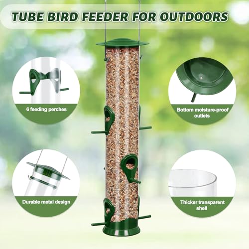 2 Packs Green Bird Feeder Tube Hanging Feeders, 6 Port Wild Bird Feeders Premium Hard Plastic with Steel Hanger Weatherproof and Water Resistant Great for Attracting Birds 18.2 Inches Large - color: 2Packs-green