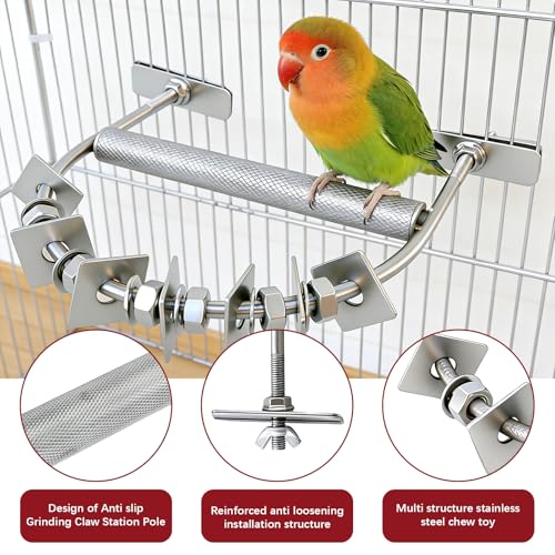 304 Stainless Steel Bird Perch with Chew Toys(Steel) | Washable,Metal U-Shape Parrot Stand - color: Silver