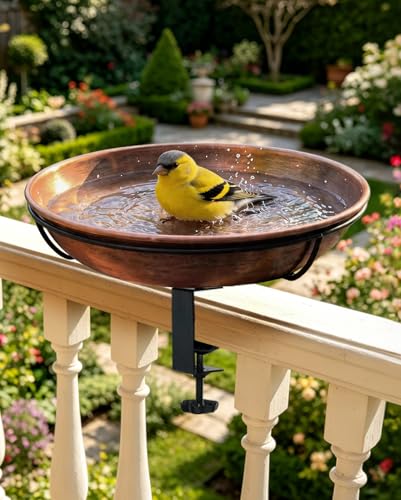 Deck Mounted Bird Bath with Adjustable Clamp, Removable Metal Bowl | 0.7 Gal Capacity, Easy Clean, Balcony Deck Use, Stable Railing Mount