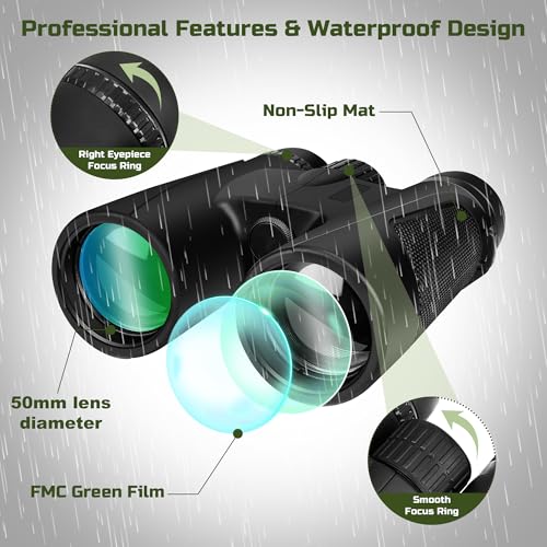 High Power 15X50 Binoculars for Adults BAK4 Prism FMC Lens - Black | BAK4 Prism FMC Lens,15X,50MM Big Eyepiece,Fogproof & Waterproof,Viewing field of 1200 meters,Adjustable Focus