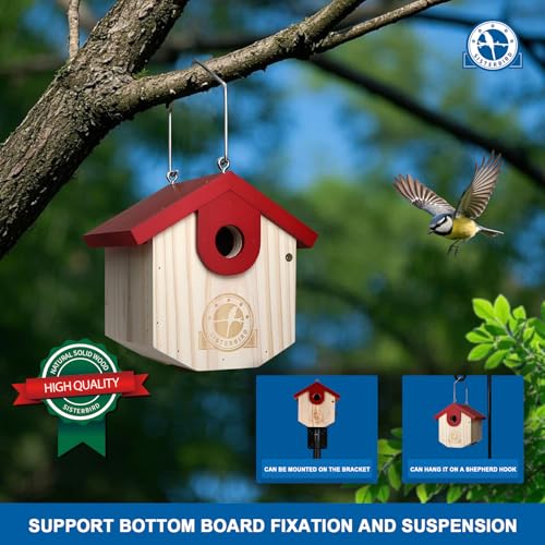 SISTERBIRD Wren Bird Houses for Outside Cedar Hanging Birdhouses for Outdoors 1-1/8" Entrance Hole Bird Houses for Outside Clearance Wooden Nesting Box Chickadee Predator Guard, Red - color: Red