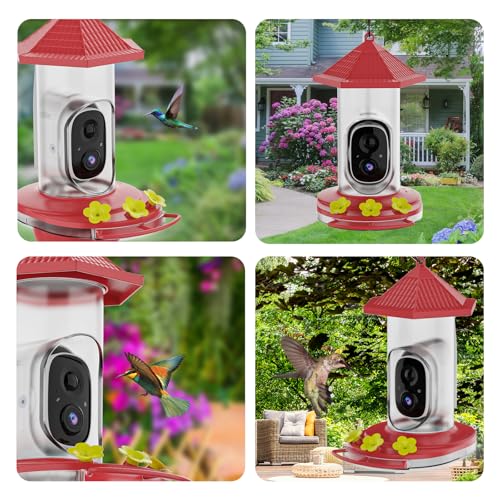 Smart Hummingbird Feeder with Camera, Wireless Bird Feeders | Solar Powered, AI Recognition, Instant Notifications, Feeder for Outdoor, Ideal Gift for Bird Lovers - color: Red